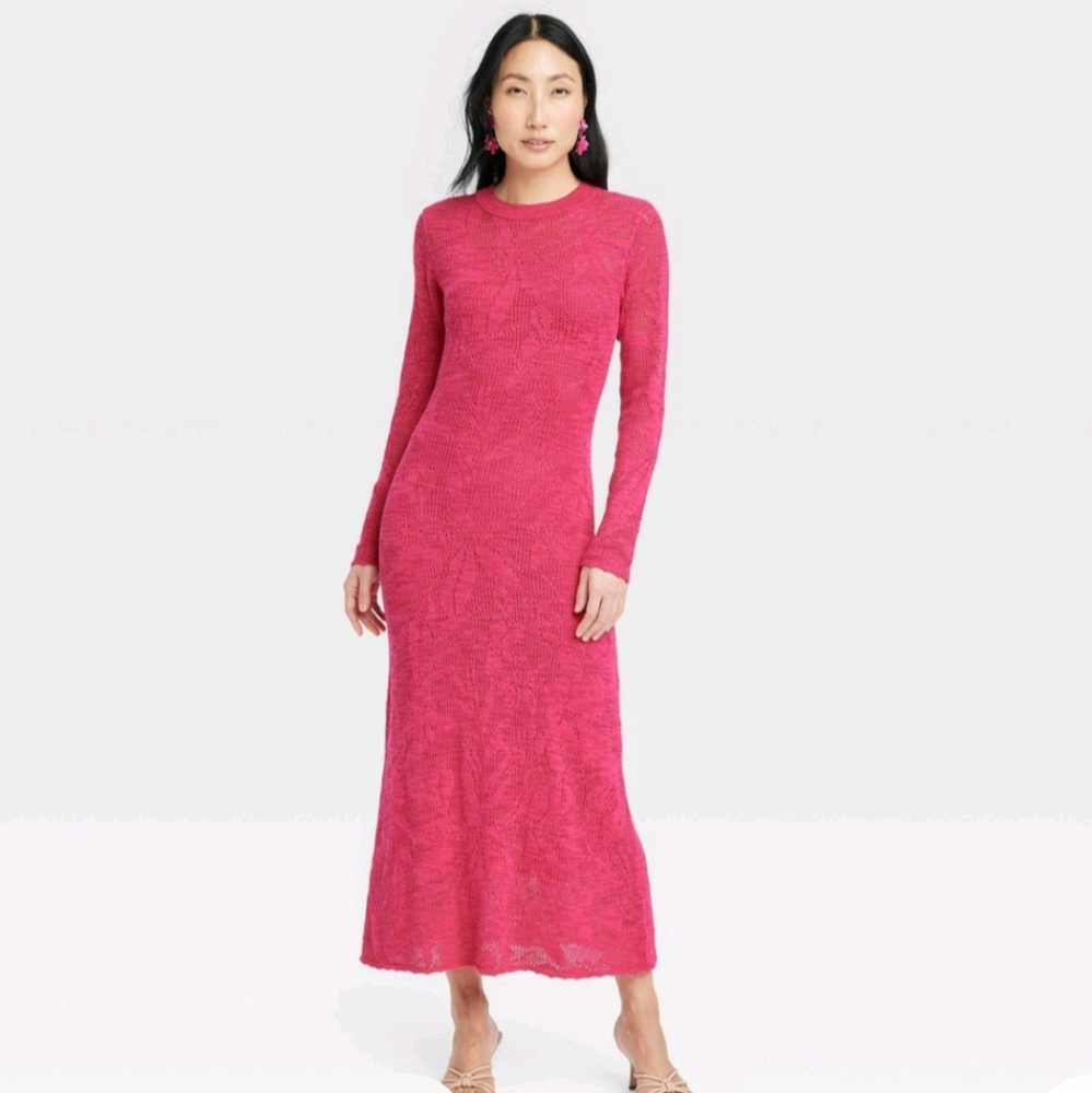 New!New day long sleeve Pink maxi Pointelle Maxi Dress Cottage Core Barbiecore